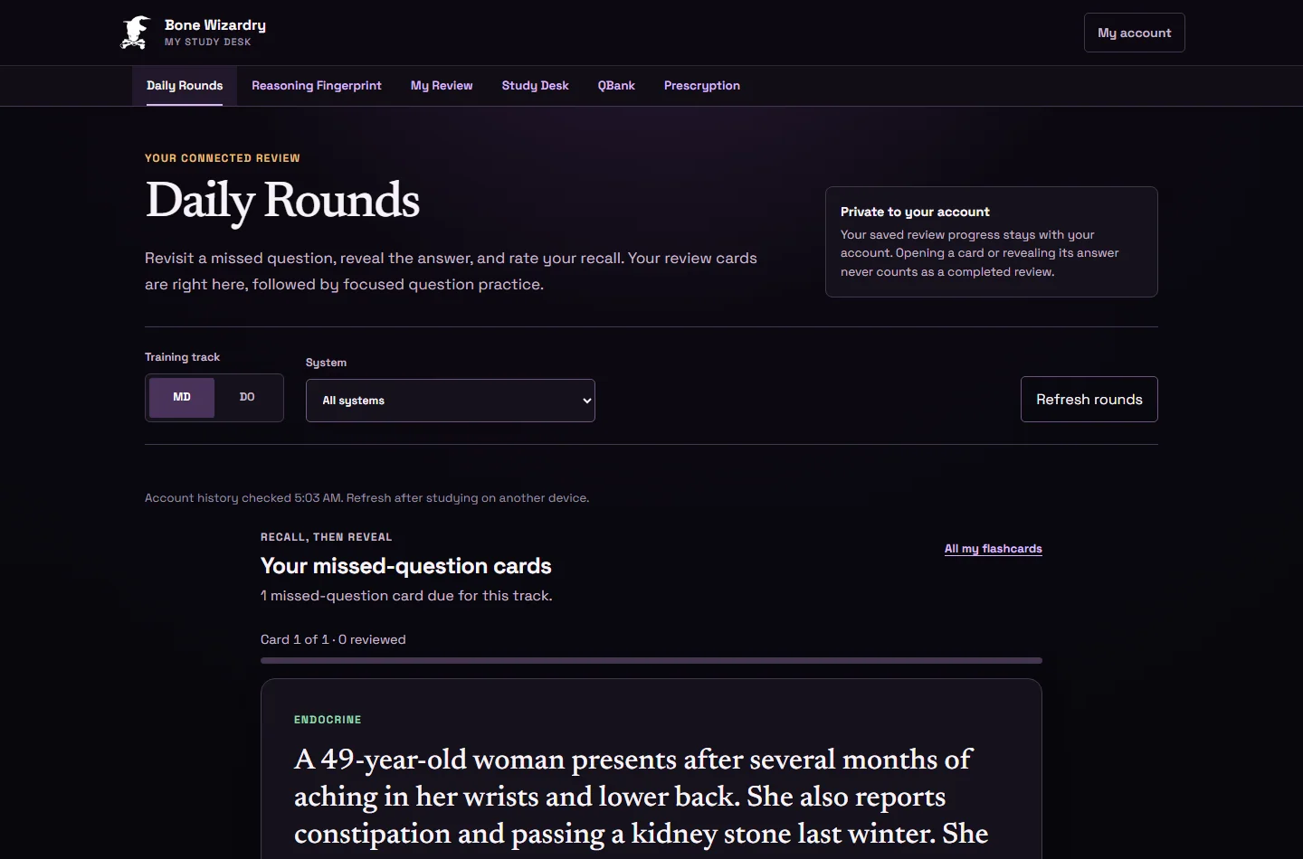 Daily Rounds with a due missed-question review card and focused practice in a synthetic signed-in account