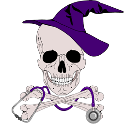 Bone Wizardry logo: witch-hat skull with crossed bones and a purple stethoscope