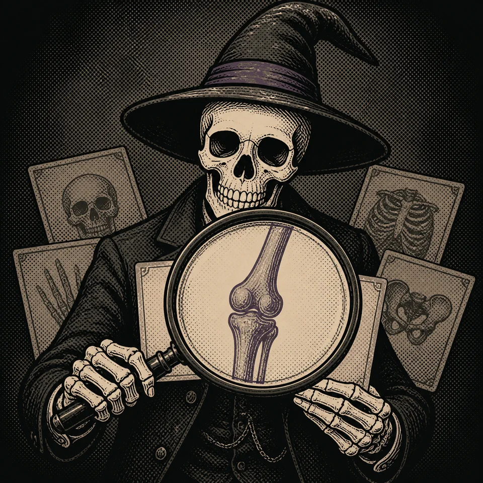 The Bone Wizard inspecting an anatomical clue through a magnifying glass