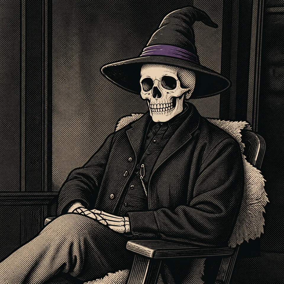 The Bone Wizard seated in a study chair