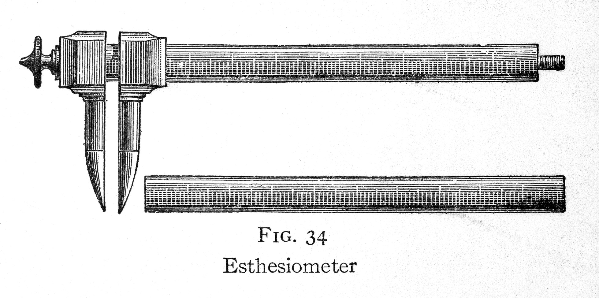 Photograph of a historical esthesiometer, a caliper-style instrument for tactile sensory threshold testing, from the Wellcome Collection