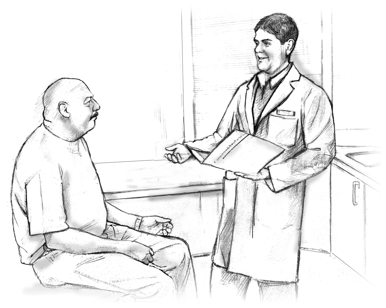 A physician and patient speaking privately in an examination room