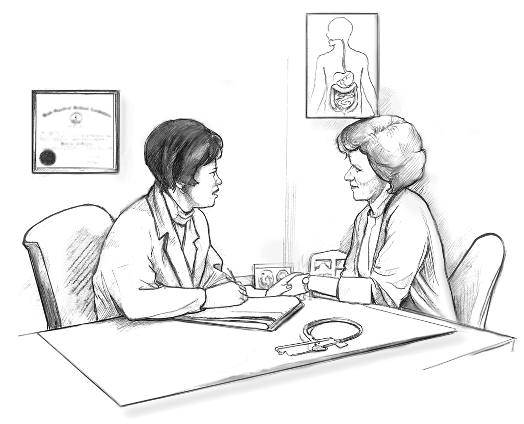 A physician counseling a patient with an empathetic, collaborative posture